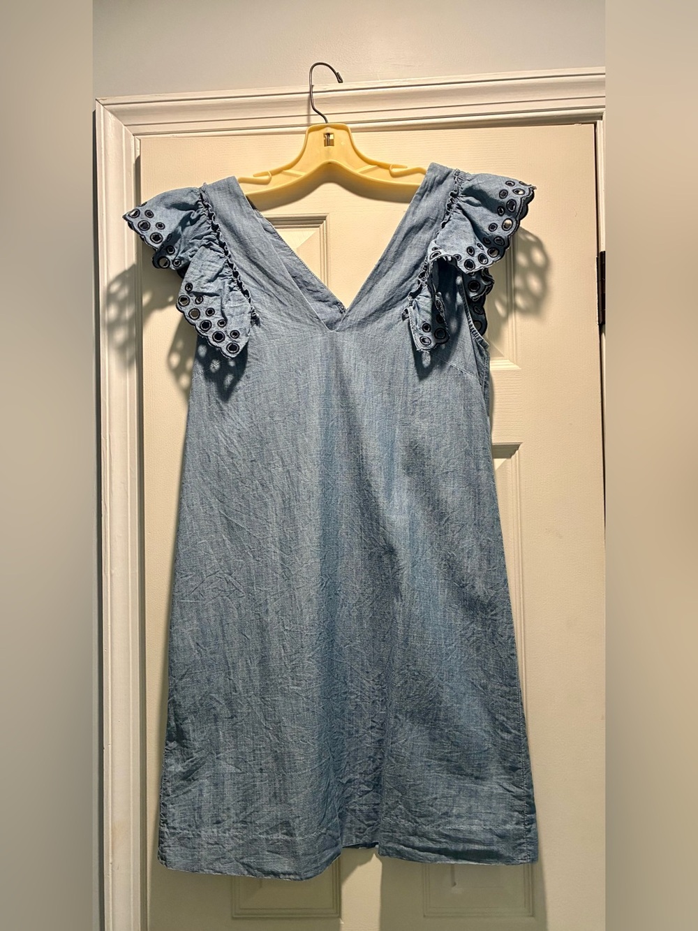 J. Crew Light Blue Chambray Eyelet Ruffle Sleeve Dress